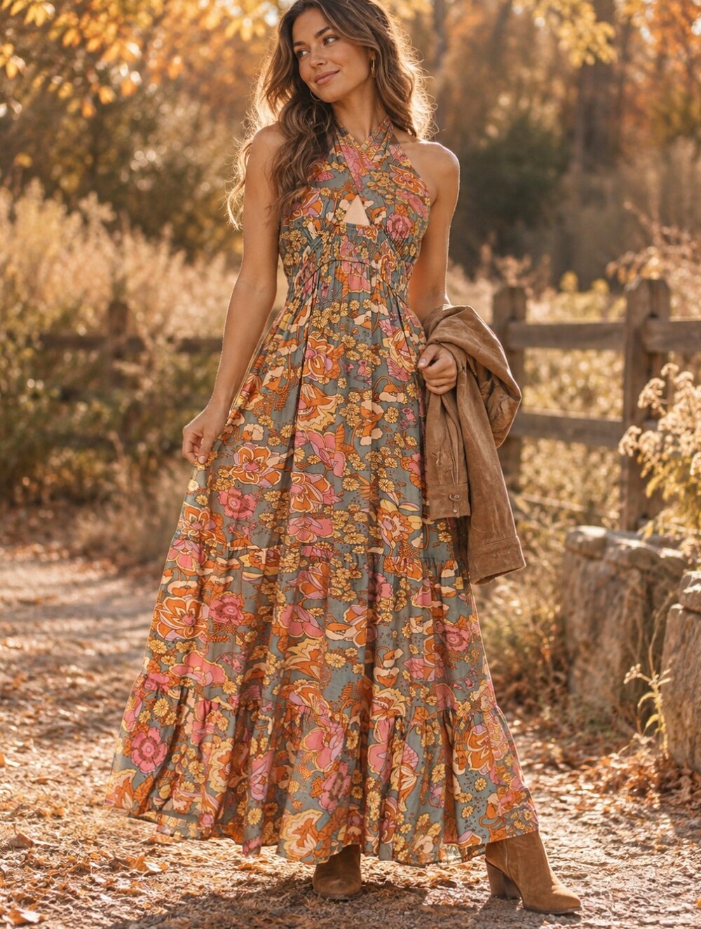 ZESICA Retro Floral Halter Maxi Dress Boho 70s Backless M